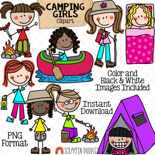 Camping Clipart - Doodle Girls Camping - Backpacking - Hiking - Campfire - Canoeing - Tent - Kids Summer Camp - Woodlands - Hand Drawn PNG - Commercial Use Allowed