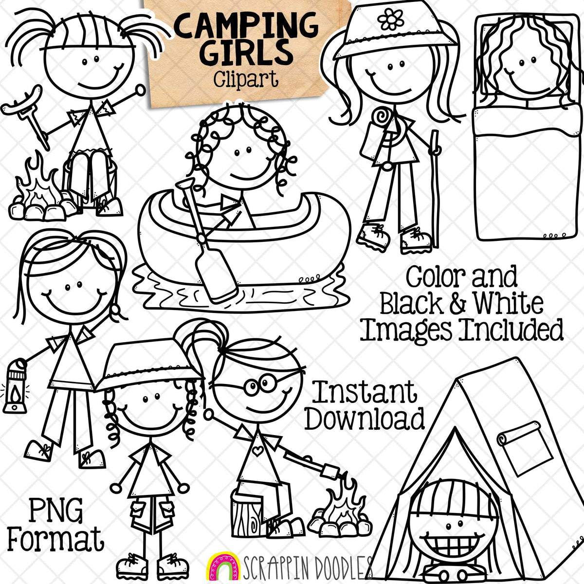 Camping Clipart - Doodle Girls Camping - Backpacking - Hiking - Campfire - Canoeing - Tent - Kids Summer Camp - Woodlands - Hand Drawn PNG - Commercial Use Allowed