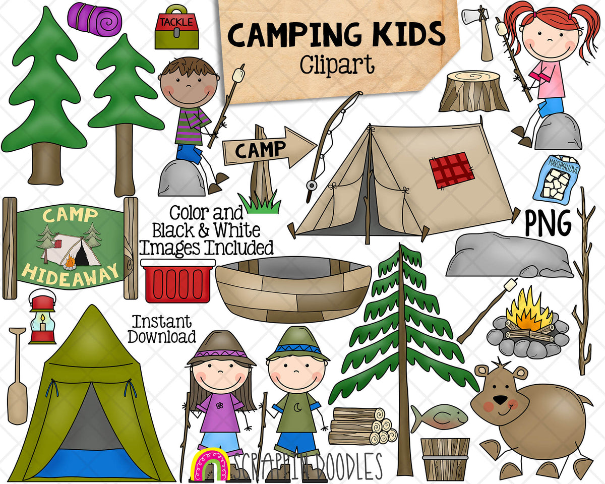 Camping Kids Clip Art - Summer Camp - Hiking - Outdoors - Commercial Use PNG