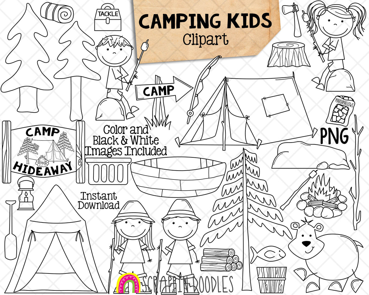 Camping Kids Clip Art - Summer Camp - Hiking - Outdoors - Commercial Use PNG