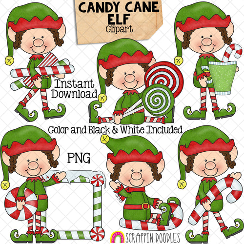 Candy Cane Elf Clip Art - Christmas Elves Posing - Standing - Sitting - Walking - Elfkins - Commercial Use - Hand Drawn PNG