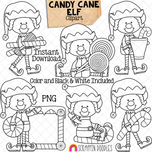 Candy Cane Elf Clip Art - Christmas Elves Posing - Standing - Sitting - Walking - Elfkins - Commercial Use - Hand Drawn PNG