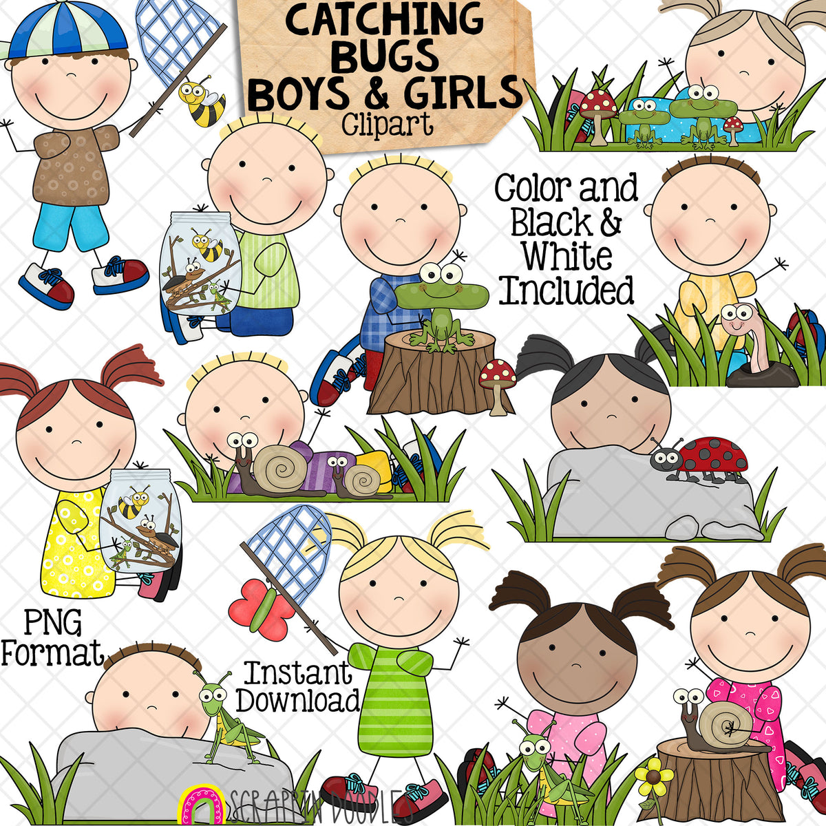 Catching Bugs Boys and Girls Clipart - Stick Figure Kids - Insects - Commercial Use PNG - Susie and Tommy