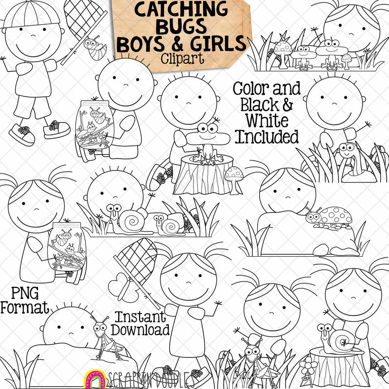 Catching Bugs Boys and Girls Clipart - Stick Figure Kids - Insects - Commercial Use PNG - Susie and Tommy