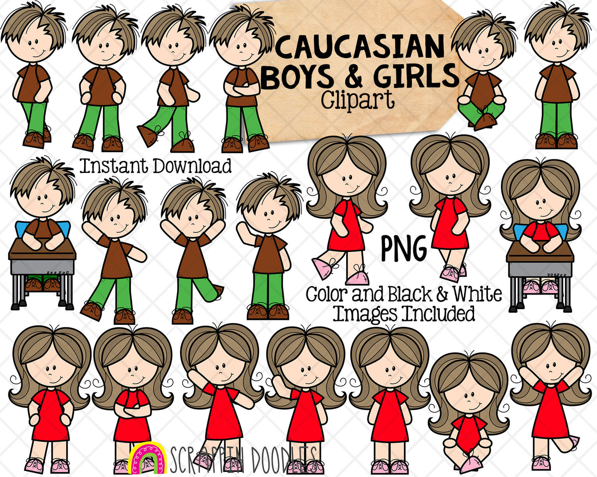 Caucasin Boys and Girls Kids ClipArt - Multi Cultural Children Posing Graphics - Commercial Use PNG