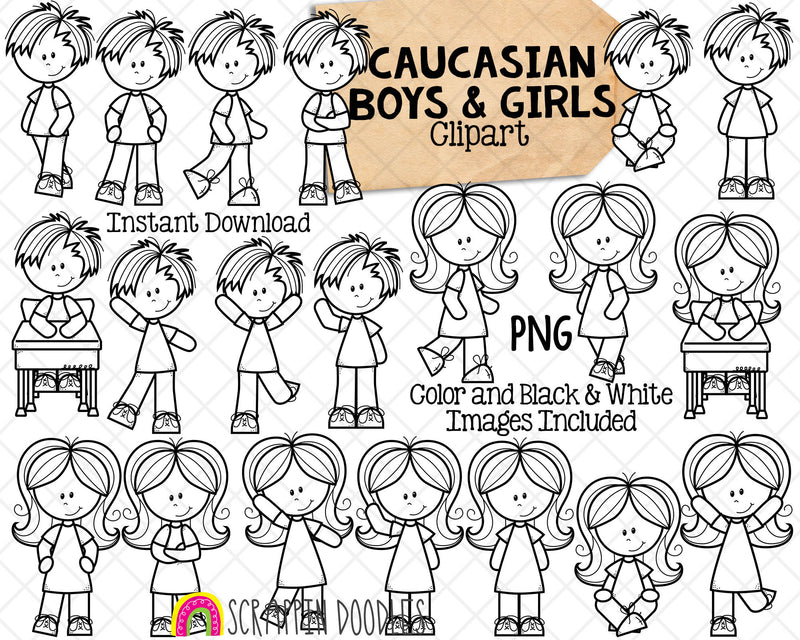 Caucasin Boys and Girls Kids ClipArt - Multi Cultural Children Posing Graphics - Commercial Use PNG