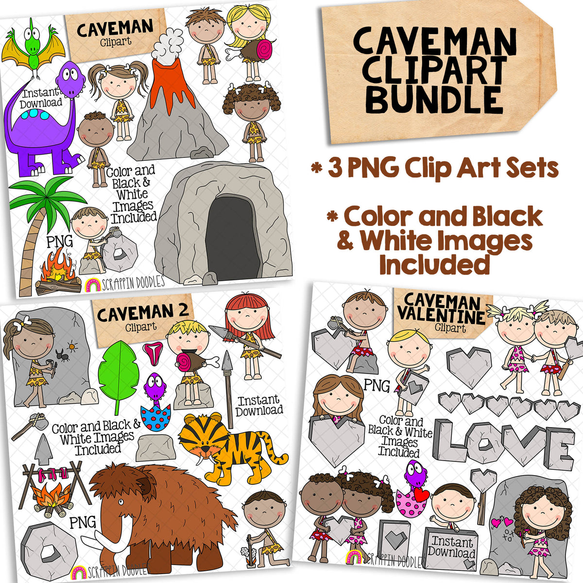 Caveman ClipArt Bundle - Prehistoric - Paleolithic Age - Commercial Use PNG