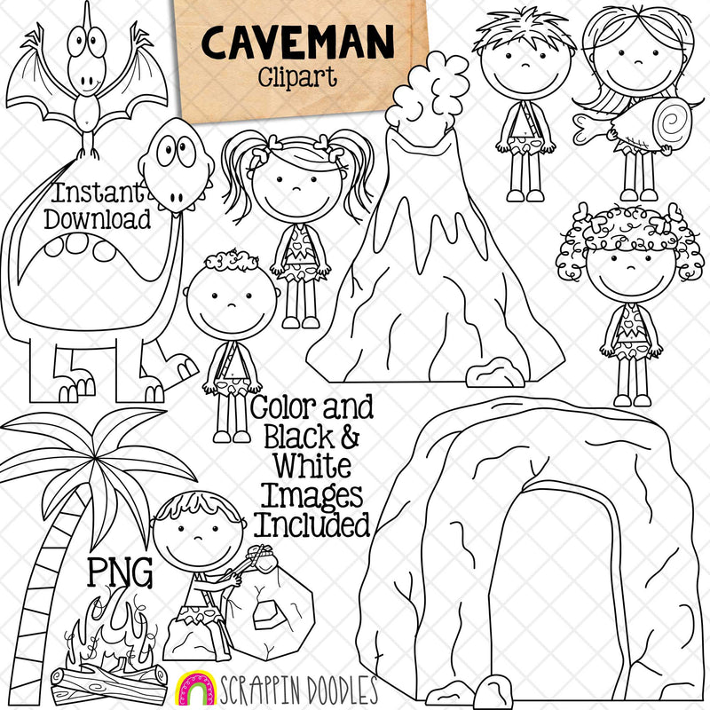 Caveman ClipArt - Prehistoric - Rock Cave - Volcano - Dinosaur - Commercial Use PNG