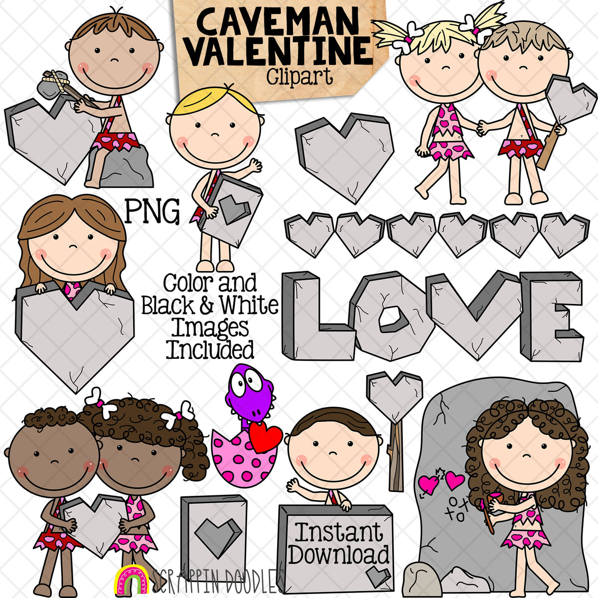 Caveman Valentine ClipArt - Prehistoric - Cave Paintings - Valentine's Day - Love Rocks - Dinosaur - Commercial Use PNG