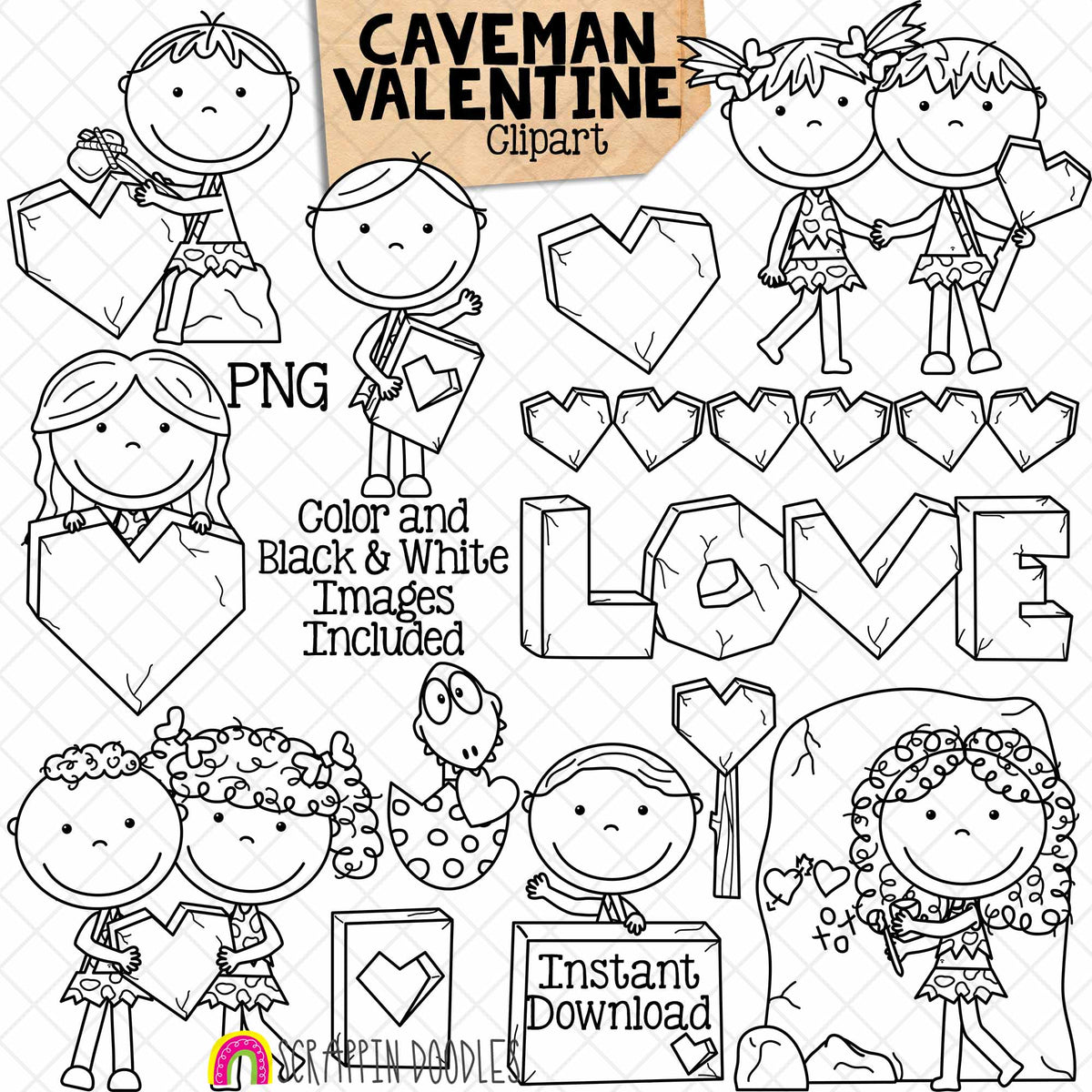 Caveman Valentine ClipArt - Prehistoric - Cave Paintings - Valentine's Day - Love Rocks - Dinosaur - Commercial Use PNG