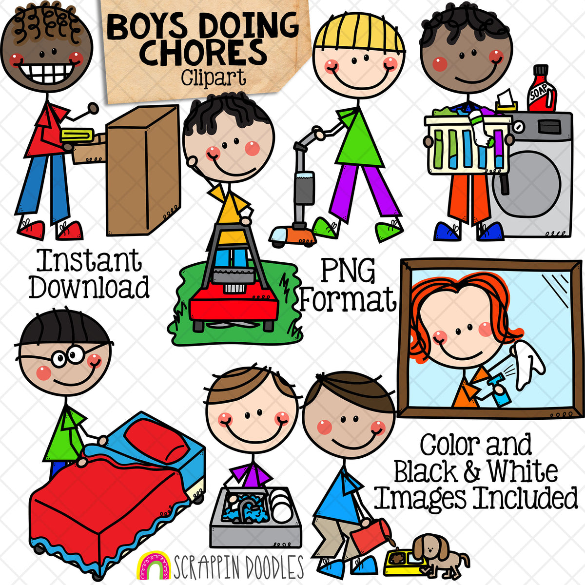 Household Chores ClipArt - Doodle Boys Clip Art - Kids Doing Chores ClipArt - Spring Cleaning - Cleaning House Graphics - Hand Drawn PNG