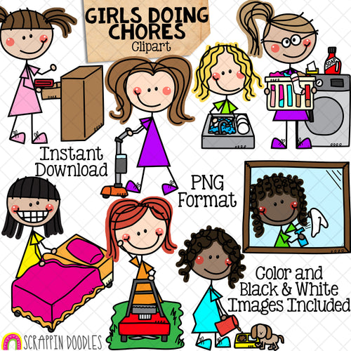 Household Chores ClipArt - Doodle Girls Clip Art - Kids Doing Chores ClipArt - Spring Cleaning - Cleaning House Graphics - Hand Drawn PNG