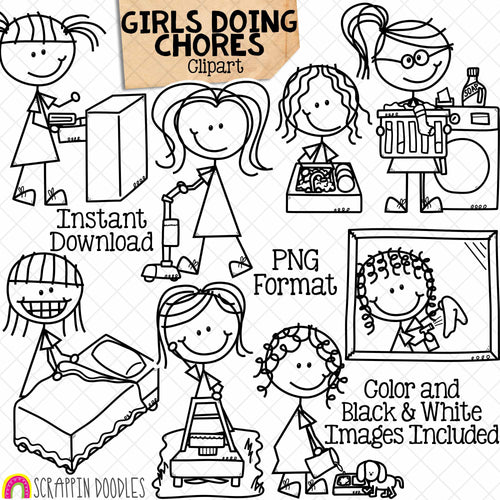 Household Chores ClipArt - Doodle Girls Clip Art - Kids Doing Chores ClipArt - Spring Cleaning - Cleaning House Graphics - Hand Drawn PNG