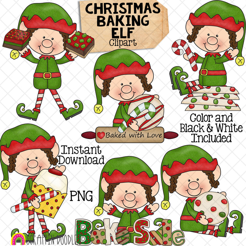 Christmas Baking Elf Clip Art - Christmas Elves Posing - Cookies - Sweets - Bake Sale - Elfkins - Commercial Use - Hand Drawn PNG