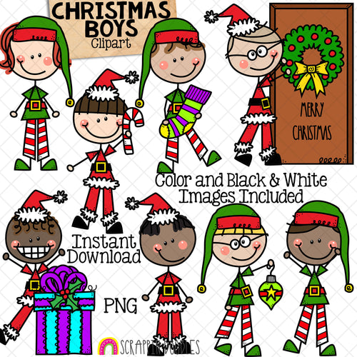 Christmas Clipart - Doodle Boys Christmas Time - Santa Claus Dress Up - Elf Kids - Elves - Stocking -Commercial Use PNG - Sublimation