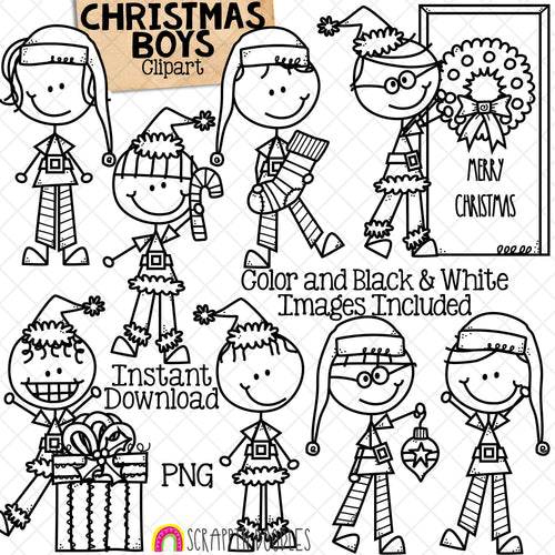 Christmas Clipart - Doodle Boys Christmas Time - Santa Claus Dress Up - Elf Kids - Elves - Stocking -Commercial Use PNG - Sublimation