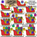 Counting Gifts ClipArt - Christmas Gifts in Santa's Sleigh - Seasonal Math Graphics - Commercial Use PNG