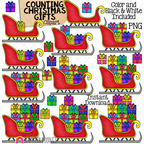 Counting Gifts ClipArt - Christmas Gifts in Santa's Sleigh - Seasonal Math Graphics - Commercial Use PNG