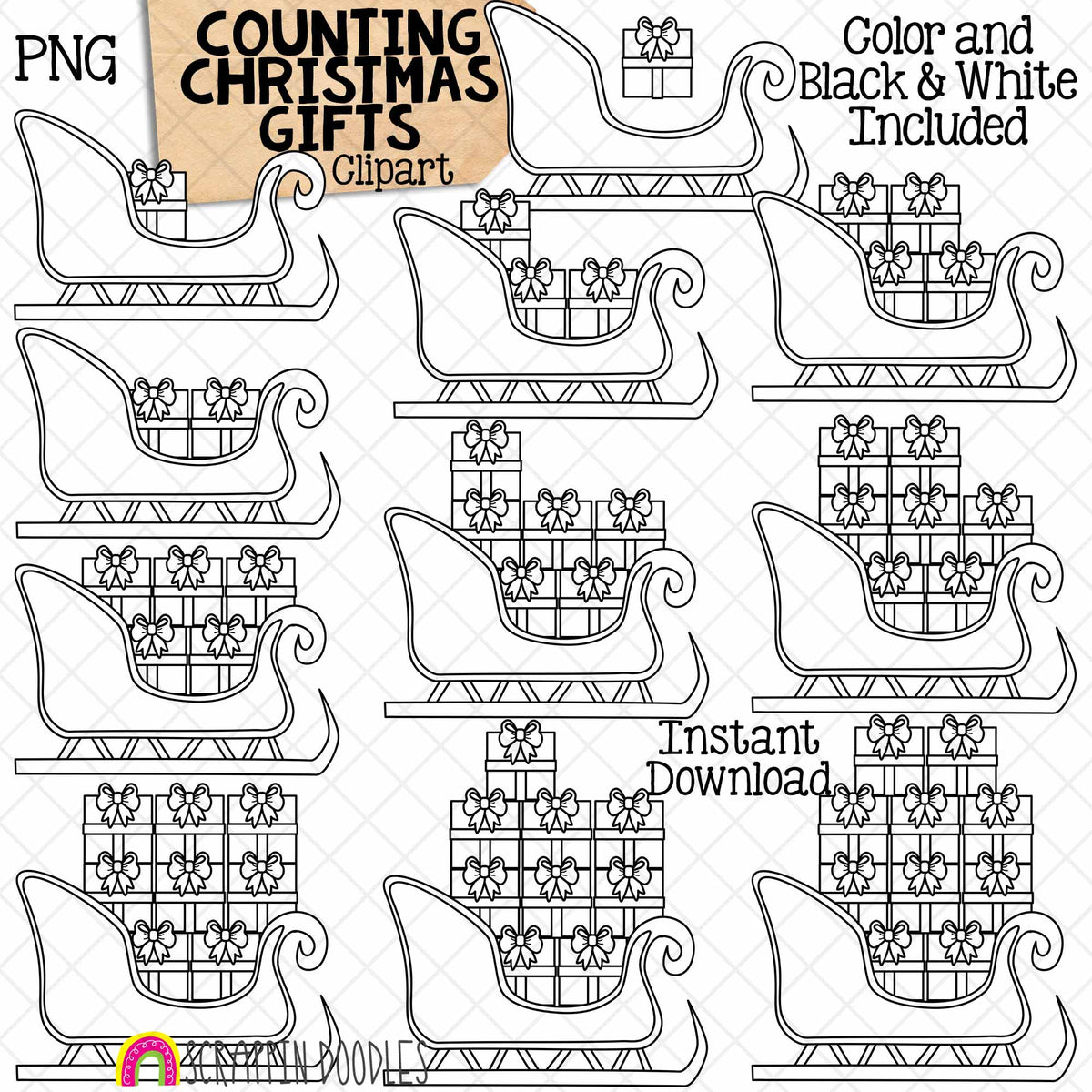 Counting Gifts ClipArt - Christmas Gifts in Santa's Sleigh - Seasonal Math Graphics - Commercial Use PNG