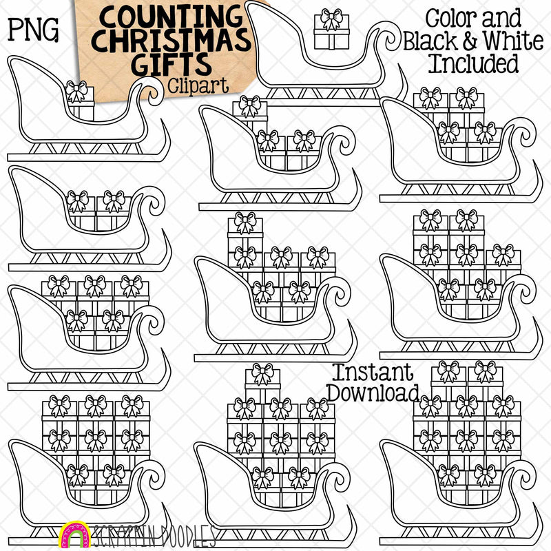 Counting Gifts ClipArt - Christmas Gifts in Santa's Sleigh - Seasonal Math Graphics - Commercial Use PNG