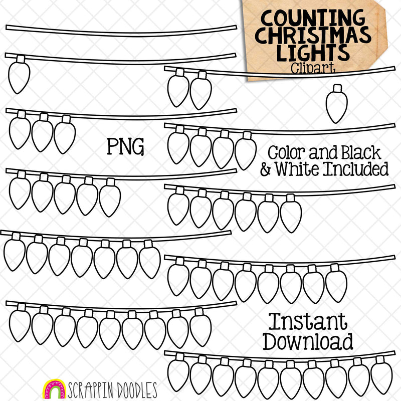 Counting Christmas Lights ClipArt - Christmas Lights on String - Seasonal Math Graphics - Commercial Use PNG