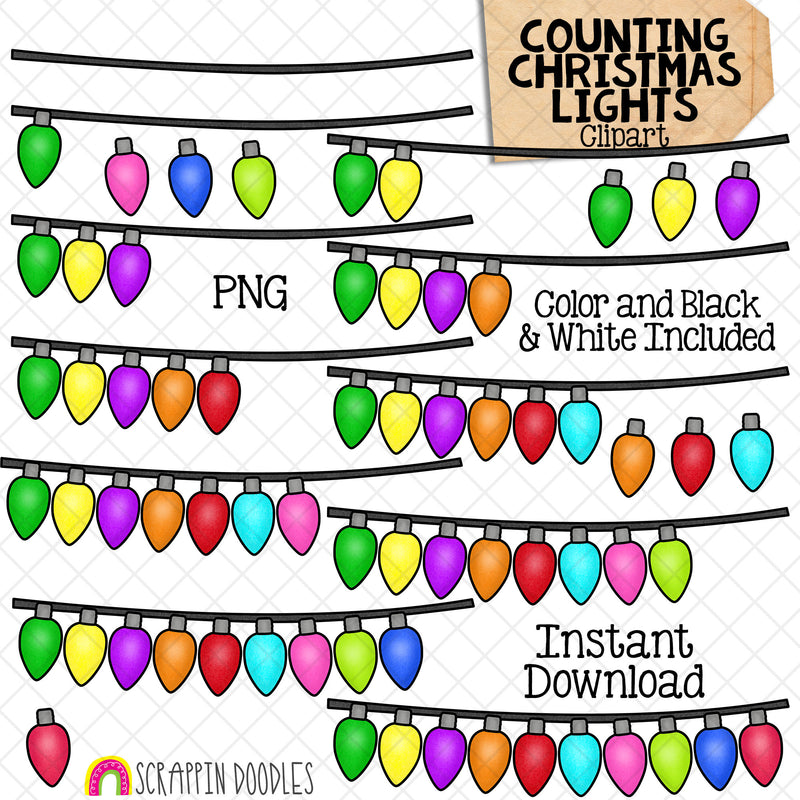 Counting Christmas Lights ClipArt - Christmas Lights on String - Seasonal Math Graphics - Commercial Use PNG