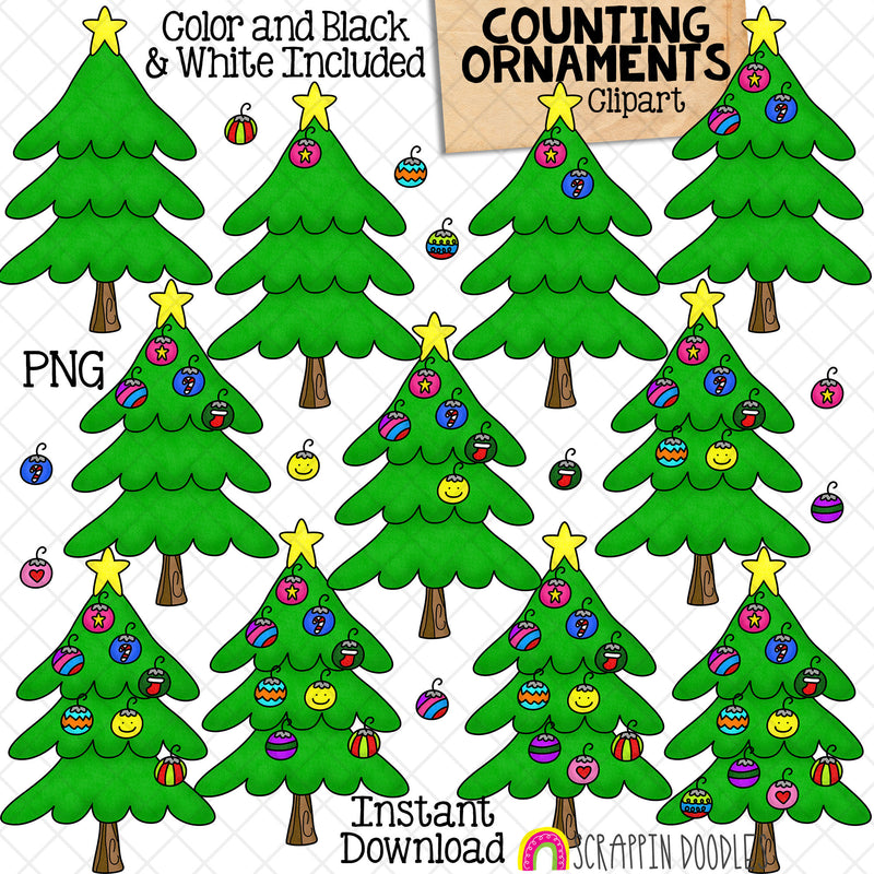 Counting Ornaments ClipArt - Christmas Ornaments on Tree - Seasonal Math Graphics - Commercial Use PNG