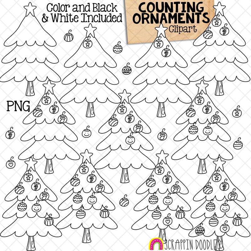 Counting Ornaments ClipArt - Christmas Ornaments on Tree - Seasonal Math Graphics - Commercial Use PNG