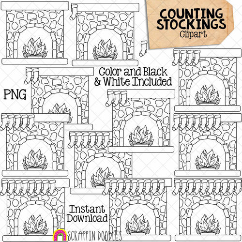 Counting Stockings ClipArt - Christmas Stockings on Fireplace Mantel - Seasonal Math Graphics - Commercial Use PNG