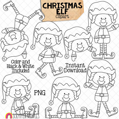 Elf Clip Art - Christmas Elves Posing - Standing - Sitting - Walking - Peeking - Elfkins - Commercial Use - Hand Drawn PNG