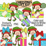 Gift Giver Elf Clip Art - Christmas Elves Posing - Presents - Standing - Sitting - Walking - Elfkins - Commercial Use - Hand Drawn PNG