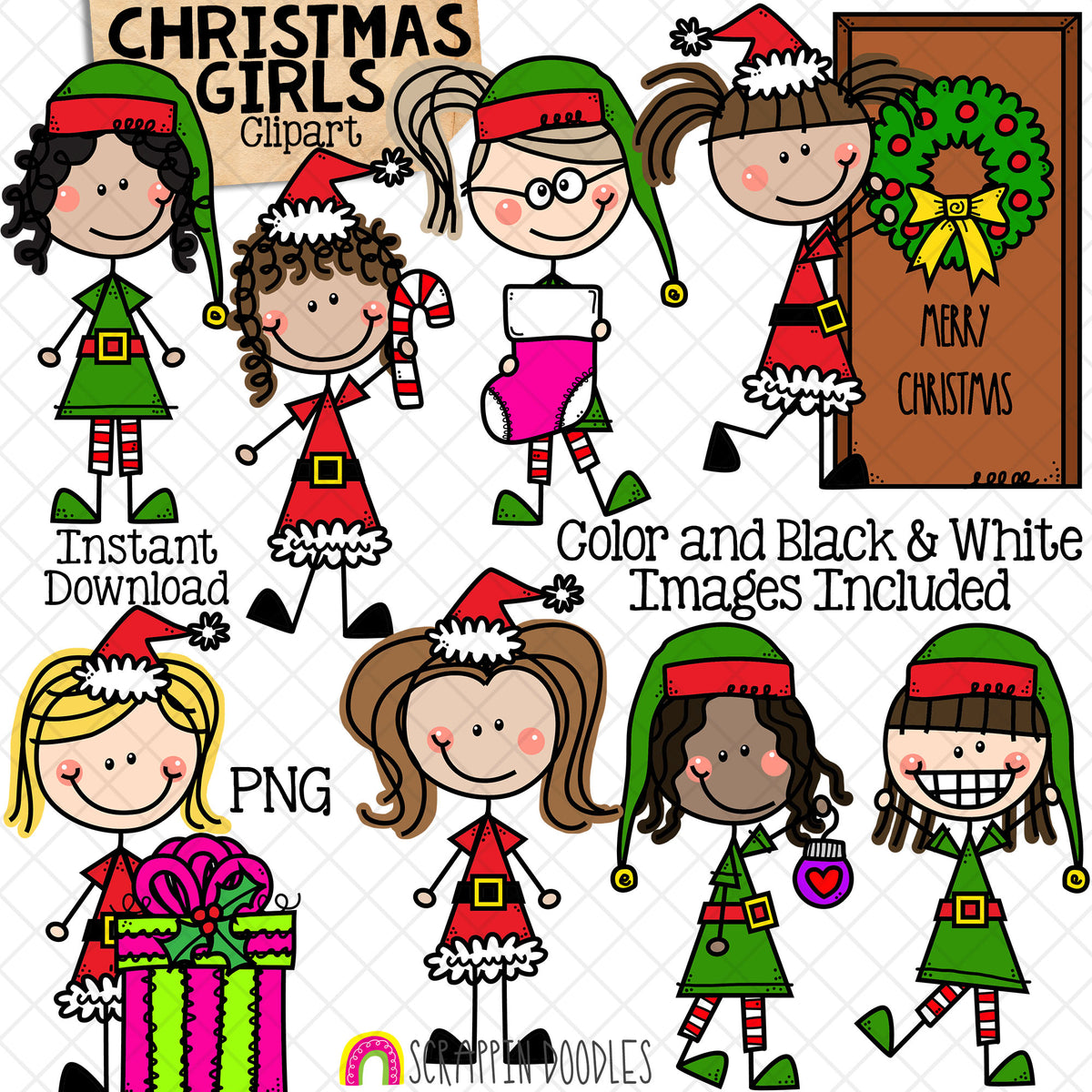 Christmas Clipart - Doodle Girls Christmas Time - Santa Claus Dress Up - Elf Kids - Elves - Stocking -Commercial Use PNG - Sublimation