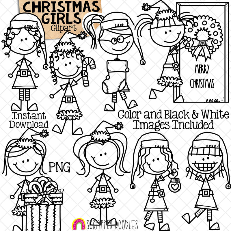 Christmas Clipart - Doodle Girls Christmas Time - Santa Claus Dress Up - Elf Kids - Elves - Stocking -Commercial Use PNG - Sublimation