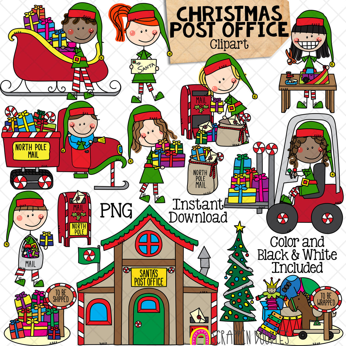 Christmas Post Office Clip Art - Santa's Delivery - Elves Wrapping Presents - Christmas Mail - Commercial Use - Hand Drawn PNG