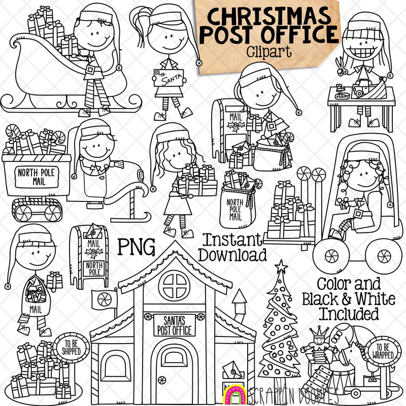 Christmas Post Office Clip Art - Santa's Delivery - Elves Wrapping Presents - Christmas Mail - Commercial Use - Hand Drawn PNG