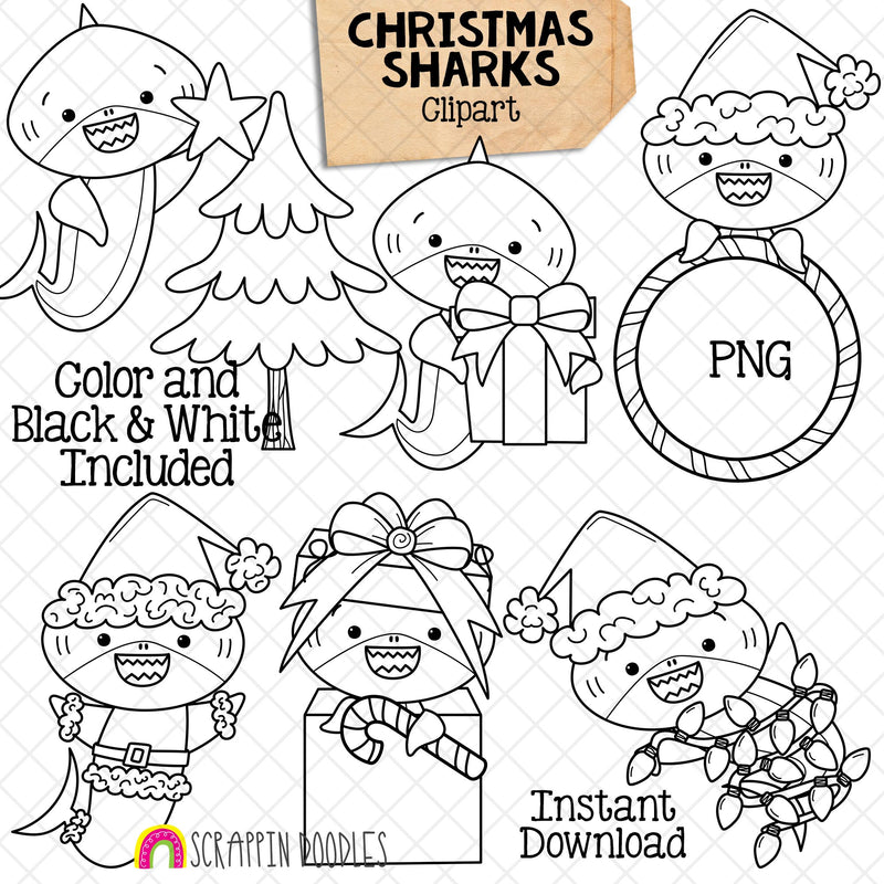 Christmas Sharks Clip Art - Grey Shark Clipart - Baby Shark - Commercial Use PNG Sublimation