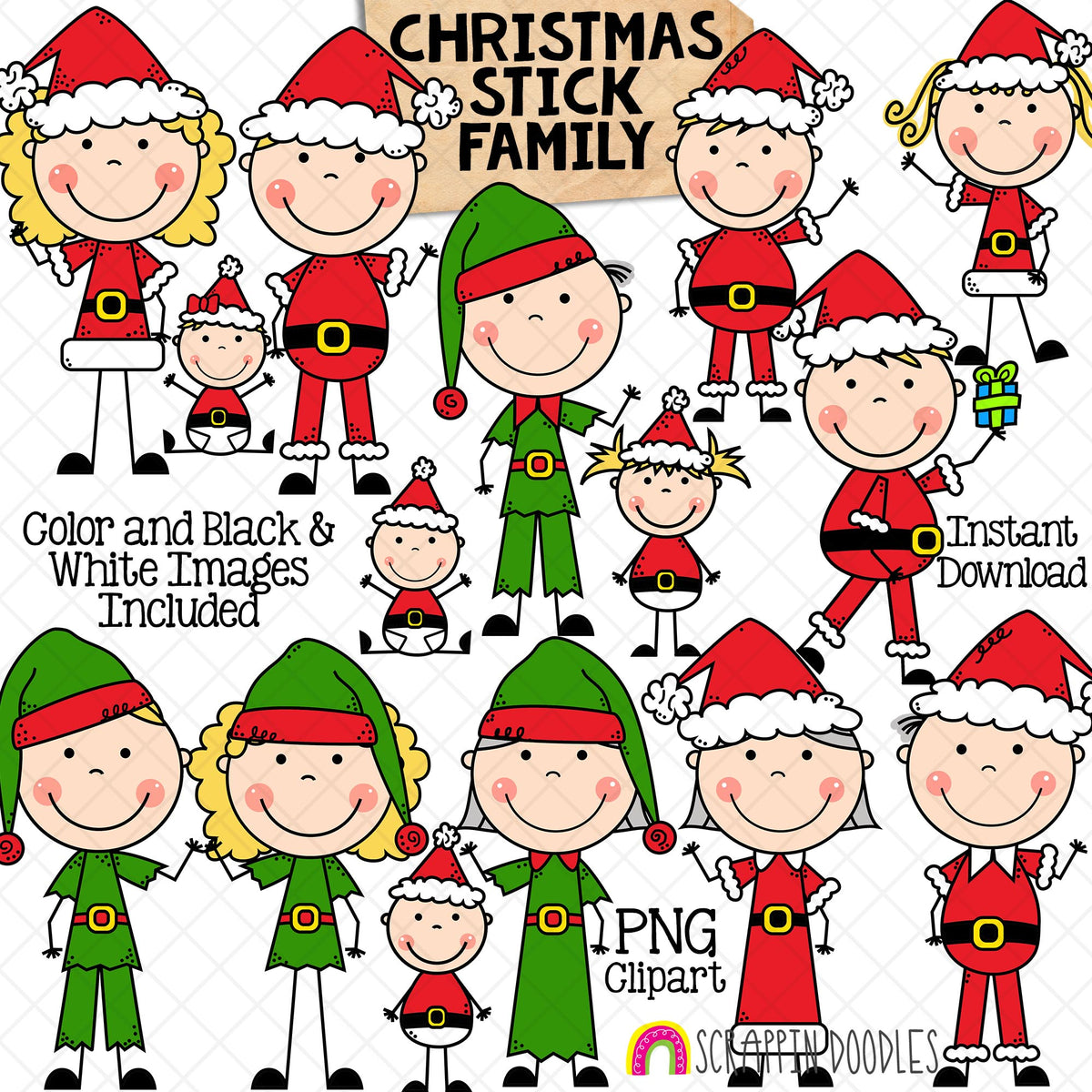 Christmas Stick Family Clip Art - Various Hair Colors - Stick Figures - Stick People Graphics - Family Christmas Card