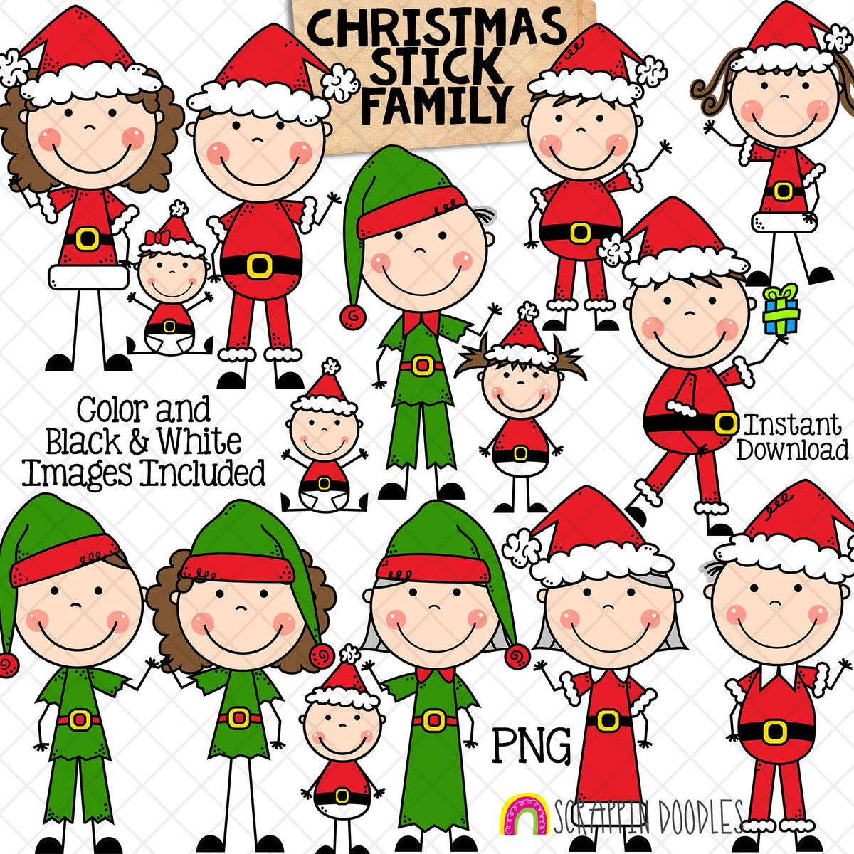 Christmas Stick Family Clip Art - Various Hair Colors - Stick Figures - Stick People Graphics - Family Christmas Card