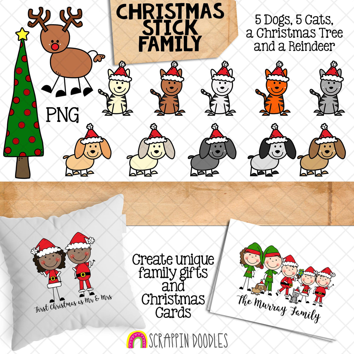 Christmas Stick Family Clip Art - Various Hair Colors - Stick Figures - Stick People Graphics - Family Christmas Card