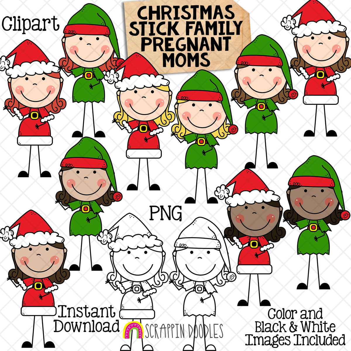 Christmas Stick Family Clip Art - Various Hair Colors - Stick Figures - Stick People Graphics - Family Christmas Card