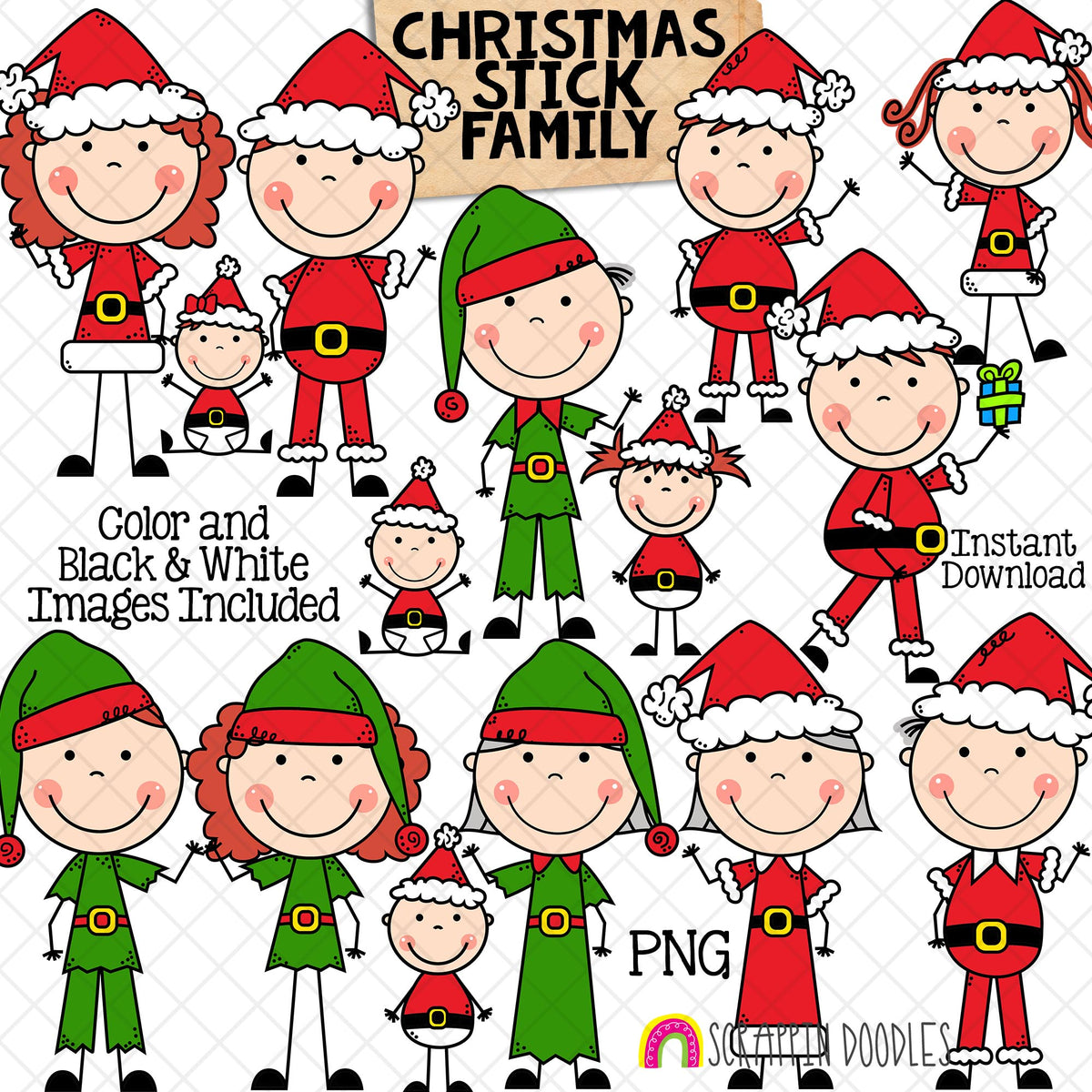 Christmas Stick Family Clip Art - Various Hair Colors - Stick Figures - Stick People Graphics - Family Christmas Card