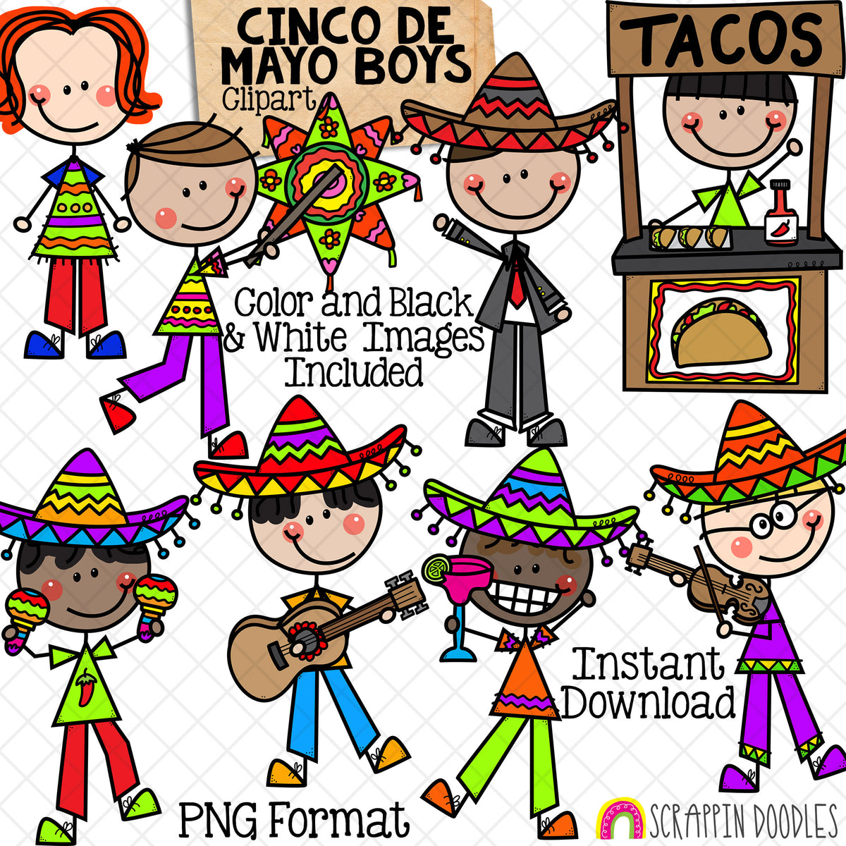 Cinco de Mayo ClipArt - Mexico Fiesta Doodle Boys - Cinco de Mayo Party - Sombrero - Pinata - Maracas - Taco Stand - Hand Drawn CU - PNG