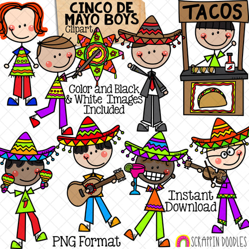 Cinco de Mayo ClipArt - Mexico Fiesta Doodle Boys - Cinco de Mayo Party - Sombrero - Pinata - Maracas - Taco Stand - Hand Drawn CU - PNG