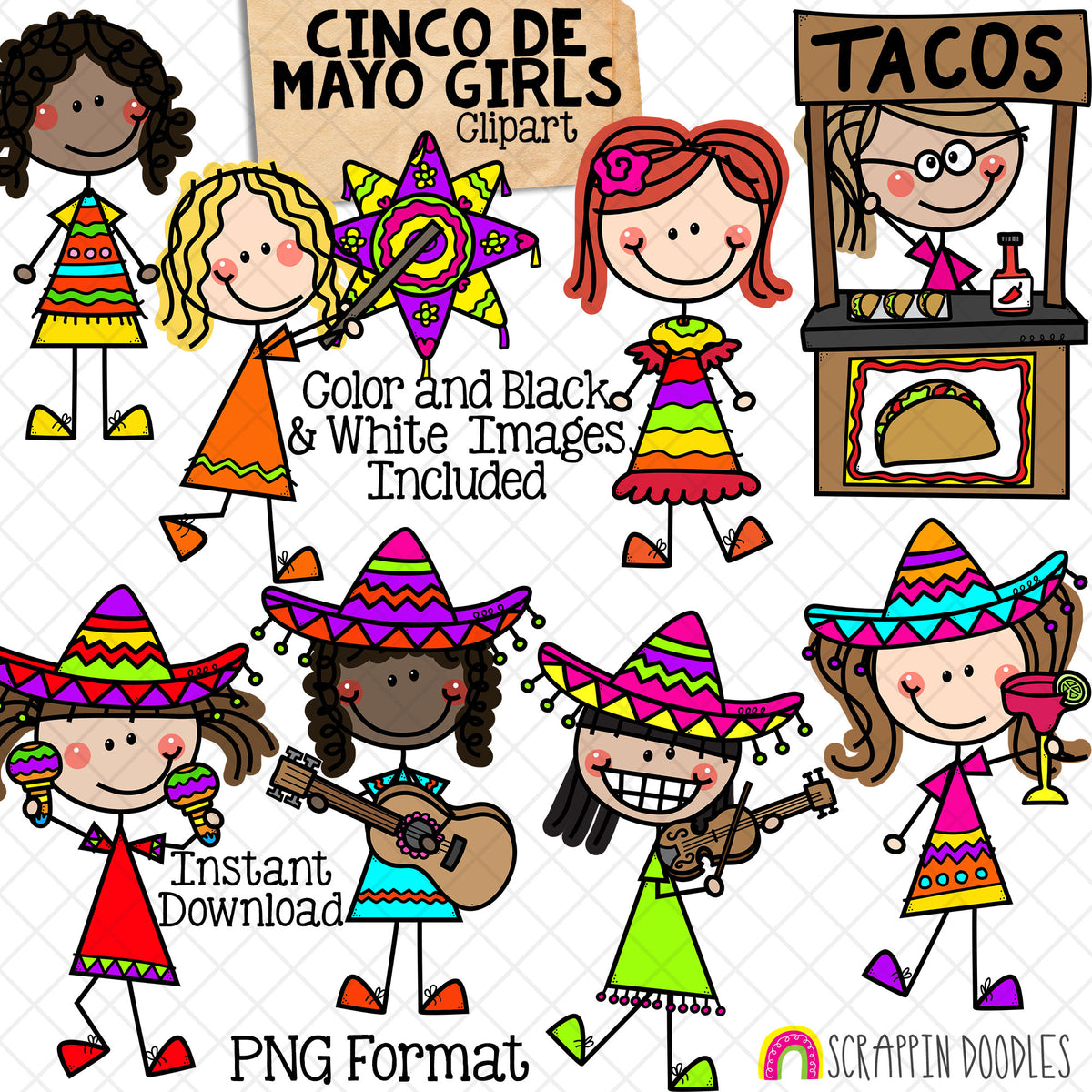 Cinco de Mayo ClipArt - Mexico Fiesta Doodle Girls - Cinco de Mayo Party - Sombrero - Pinata - Maracas - Taco Stand - Hand Drawn CU - PNG