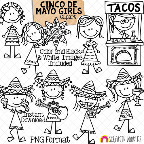 Cinco de Mayo ClipArt - Mexico Fiesta Doodle Girls - Cinco de Mayo Party - Sombrero - Pinata - Maracas - Taco Stand - Hand Drawn CU - PNG