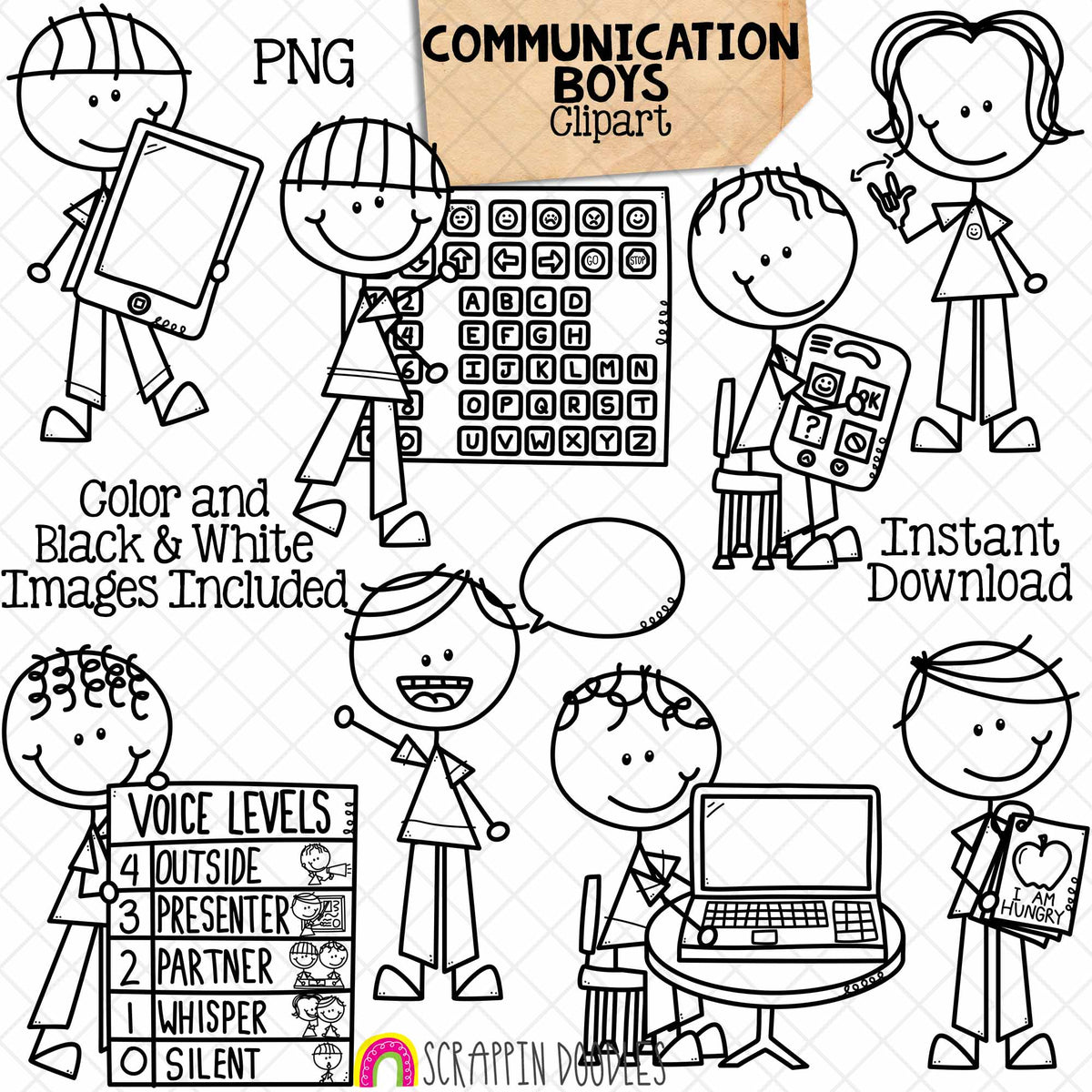 Communication Boys Clip Art - Doodle Kids Stick Figure Graphics - Voice Levels - Communication Chart - iPad - Laptop - Commercial Use PNG