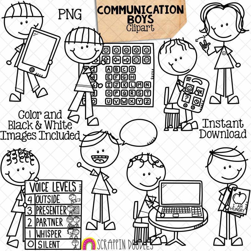 Communication Boys Clip Art - Doodle Kids Stick Figure Graphics - Voice Levels - Communication Chart - iPad - Laptop - Commercial Use PNG