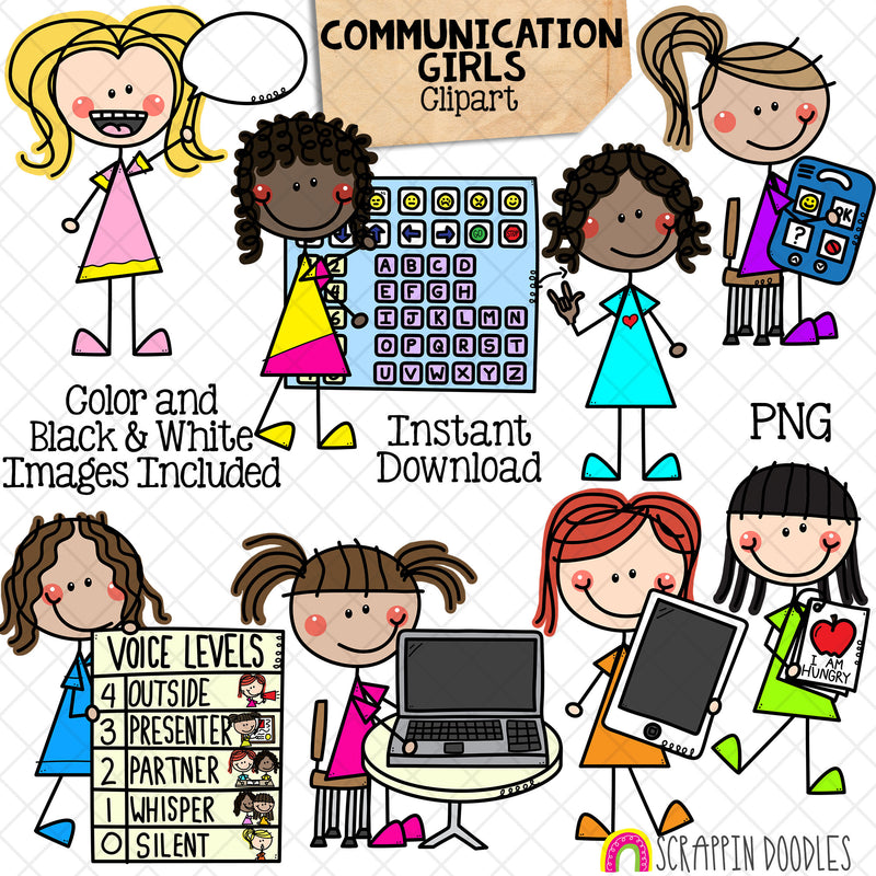 Communication Girls Clip Art - Doodle Kids Stick Figure Graphics - Voice Levels - Communication Chart - iPad - Laptop - Commercial Use PNG