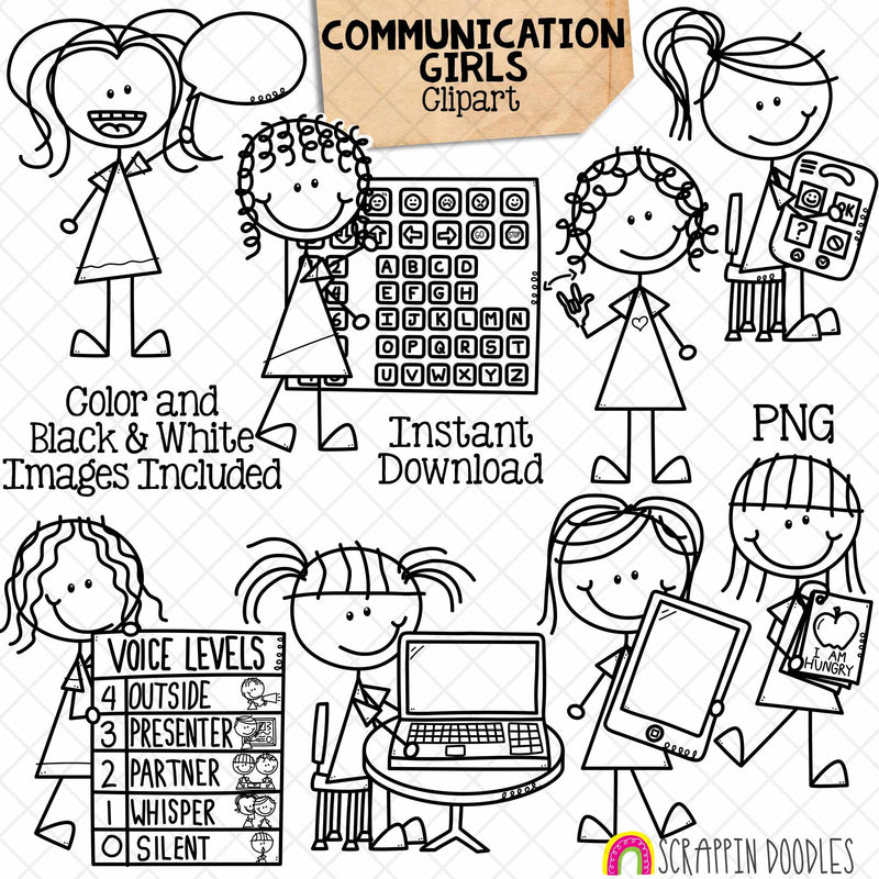 Communication Girls Clip Art - Doodle Kids Stick Figure Graphics - Voice Levels - Communication Chart - iPad - Laptop - Commercial Use PNG