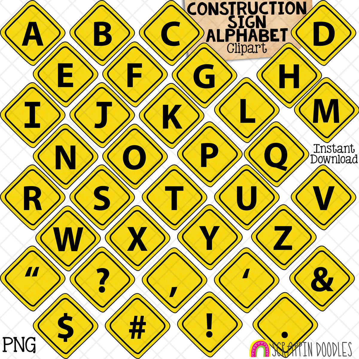 Construction Sign Alphabet ClipArt - Numbers - PNG Graphics - Punctuation - Instant Download Sublimation Graphics